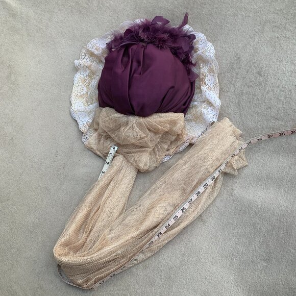 Victorian Edwardian Feather Floral Touring Riding Hat with Long Train - Picture 10 of 12